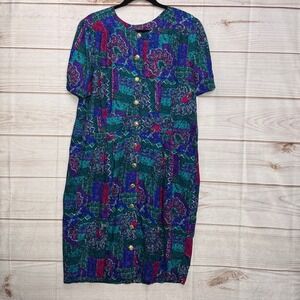 Vintage 90s Special Effects 16WP Abstract Paisley Dress Gold Button Accent USA